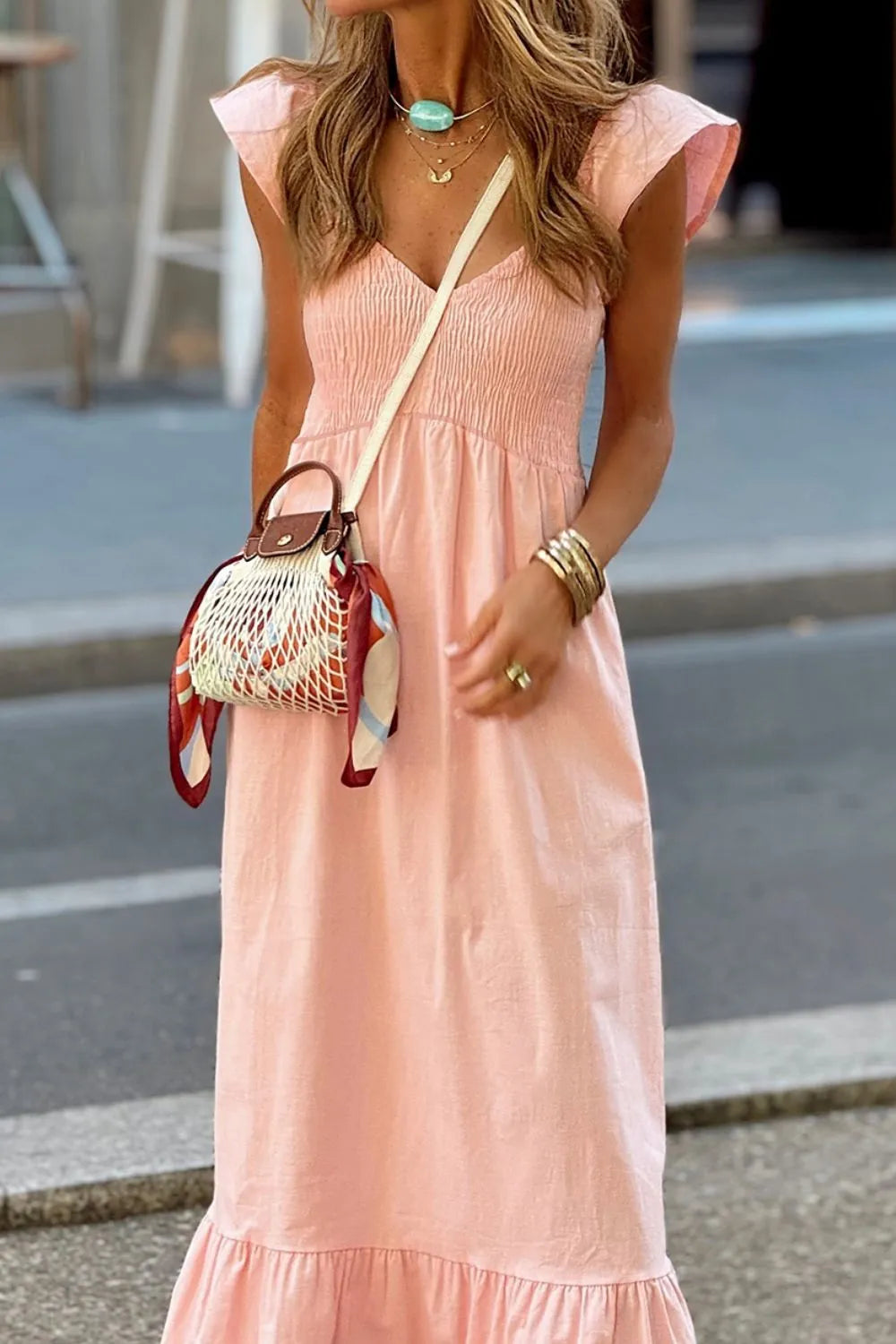 Ruffled Cap Sleeve, V-Neck Smocked Maxi Dress.