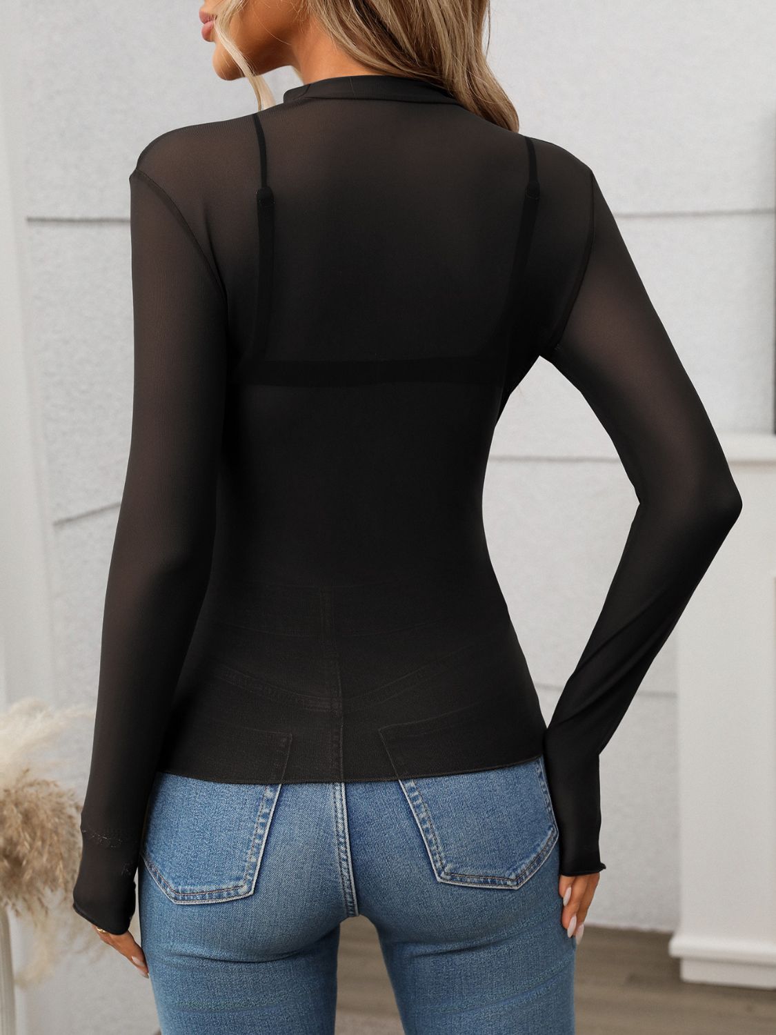 Sophisticated Mock Neck Long Sleeve Sheer Top - Versatile Elegance.