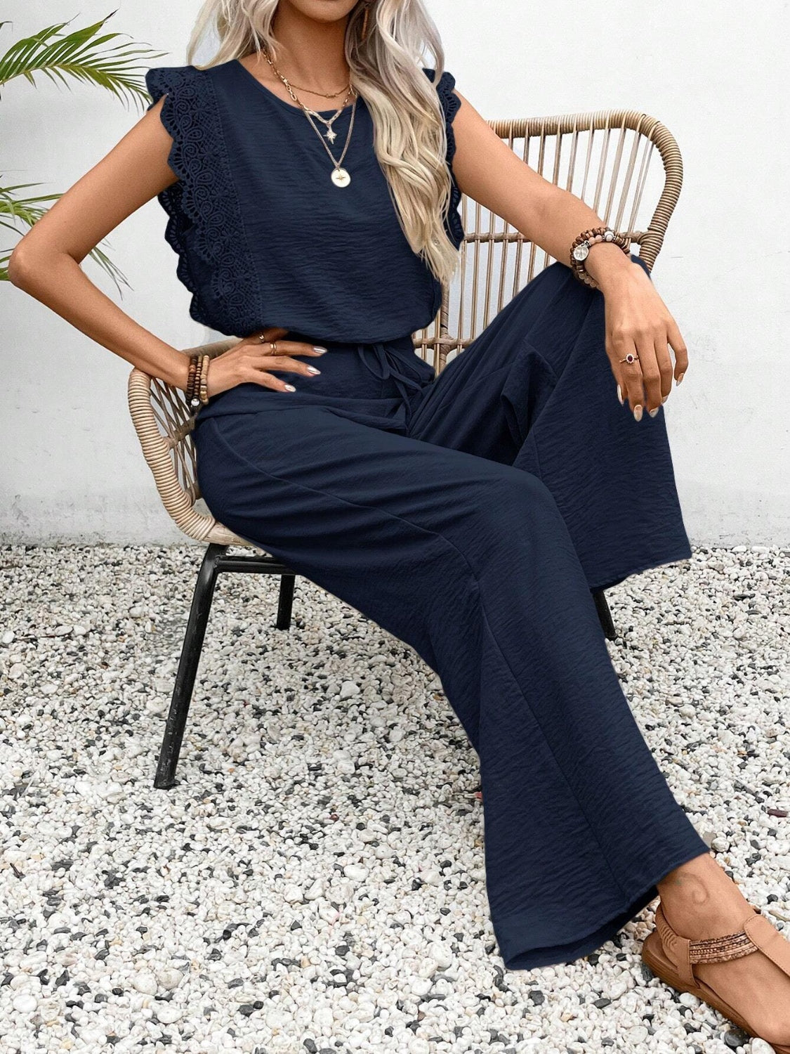 Elegant Lace Trim Round Neck Top and Pants Set - Refined Comfort.