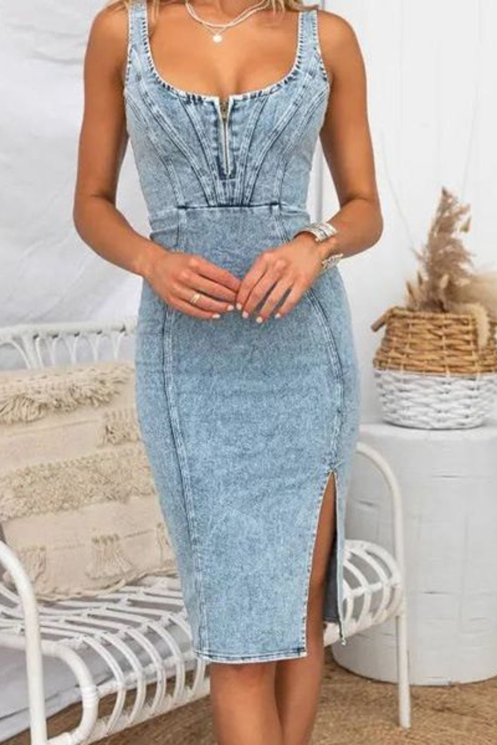 Side Slit Washed Scoop Neck Denim Dress.
