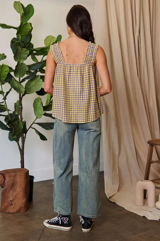 Davi & Dani Printed Square Neck Shirred Straps Top.