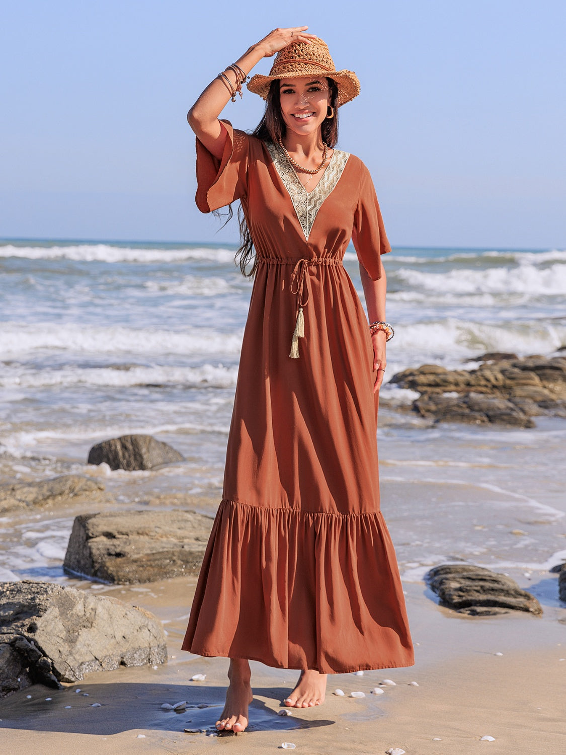 Ruffled Tassel V-Neck Flutter Sleeve Dress.