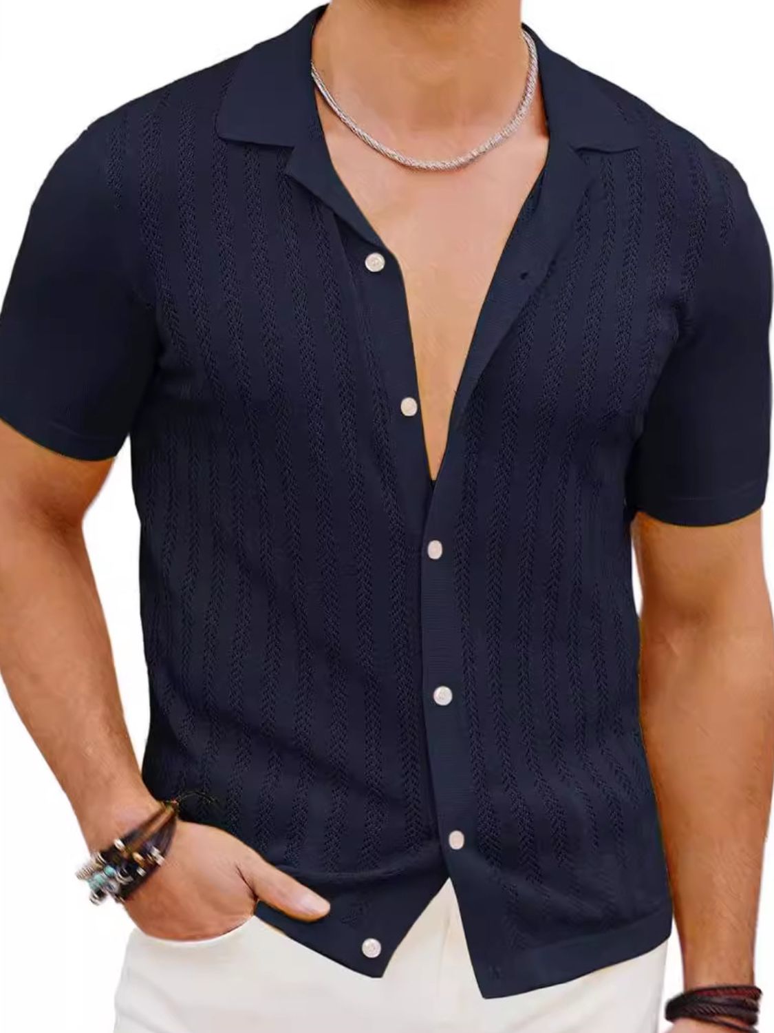 Men's Stylish Openwork Button Down Short Sleeve Shirt - Plus Size.