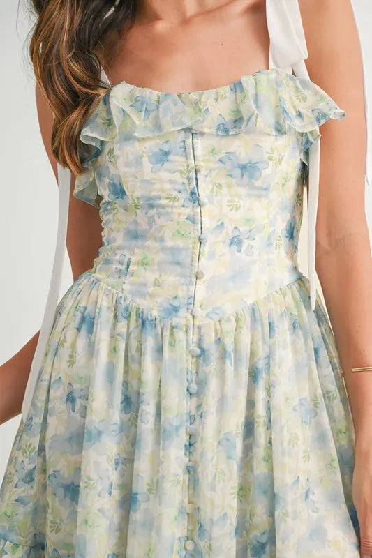 MABLE Floral Printed Shoulder Strap Midi Dress.