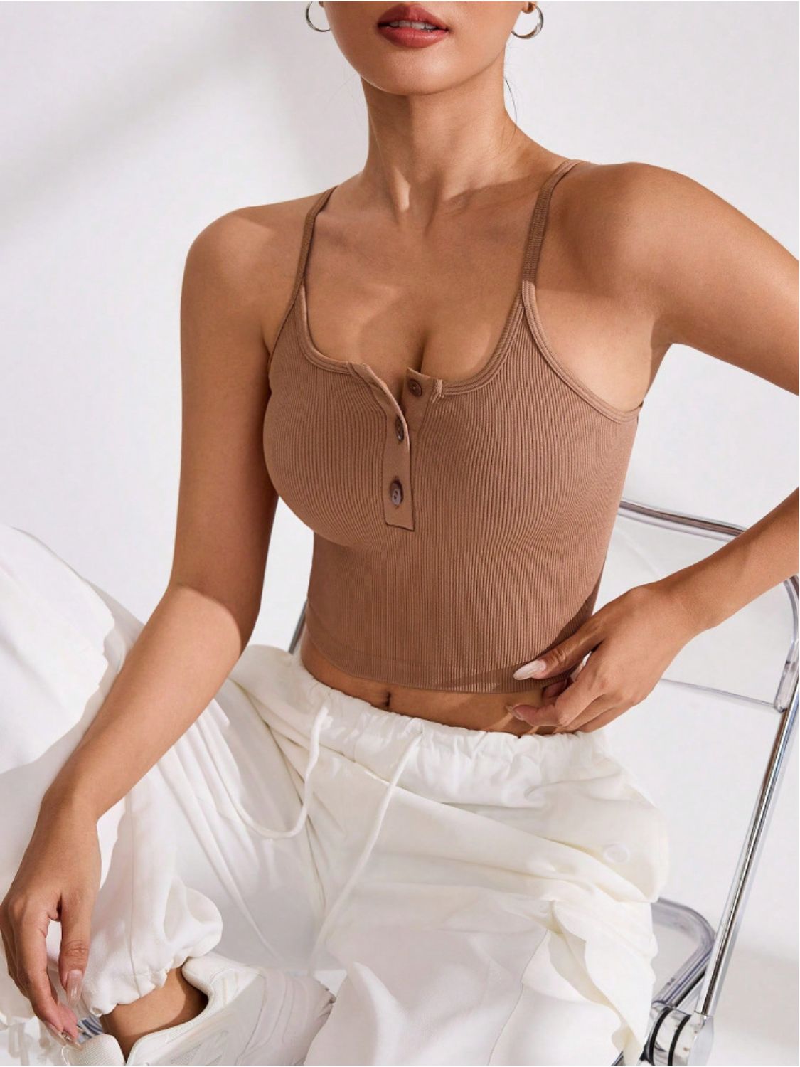 Ribbed Half Button Cropped Active Cami.