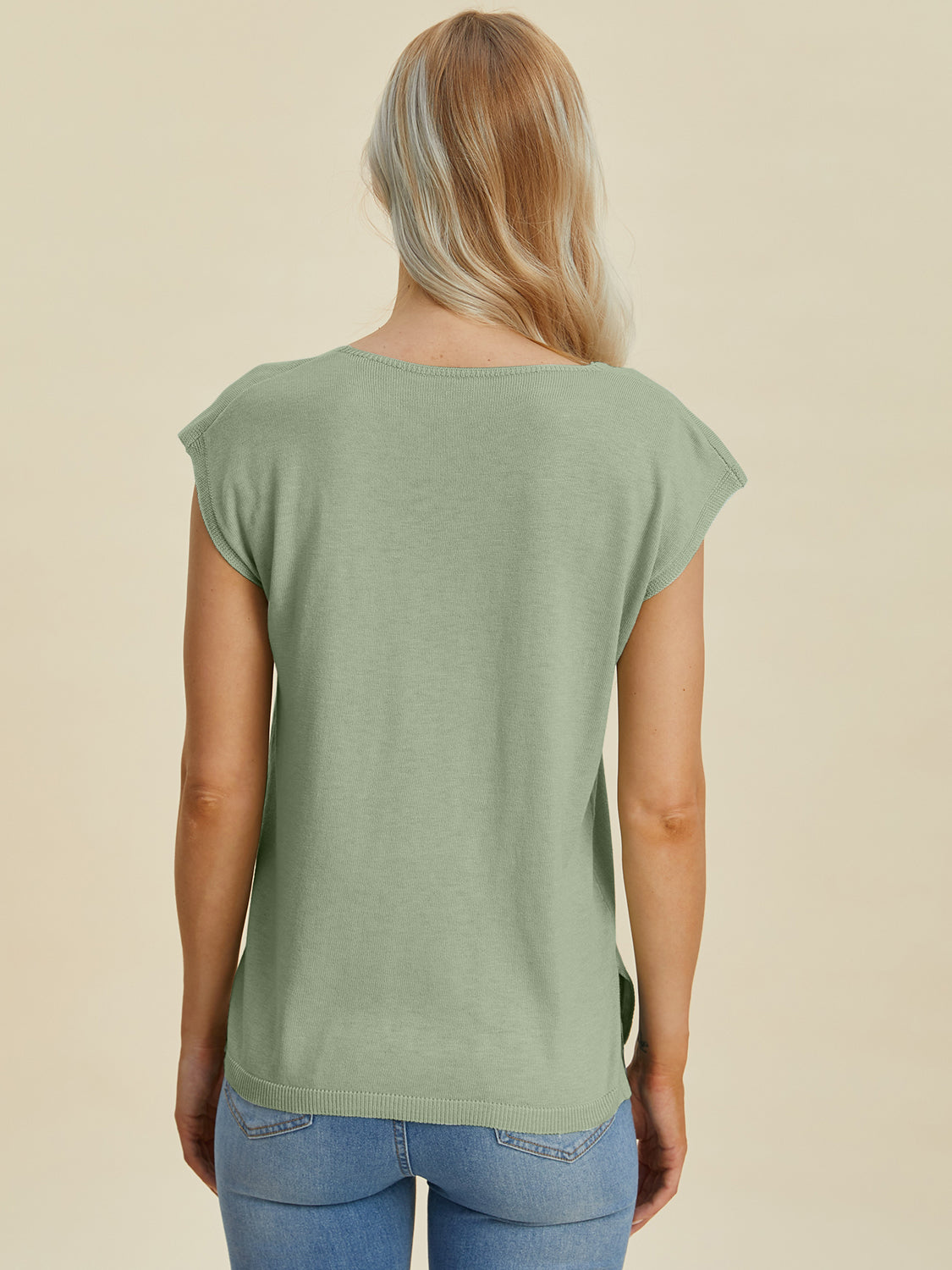 Double Take Full Size Notched Cap Sleeve Knit Top.