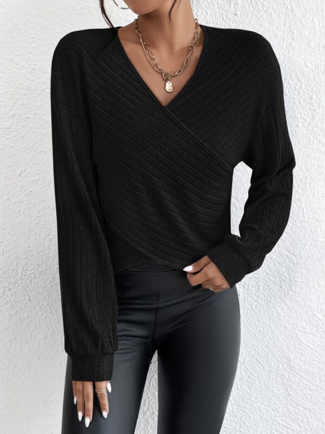 Surplice Dropped Shoulder Long Sleeve T-Shirt.