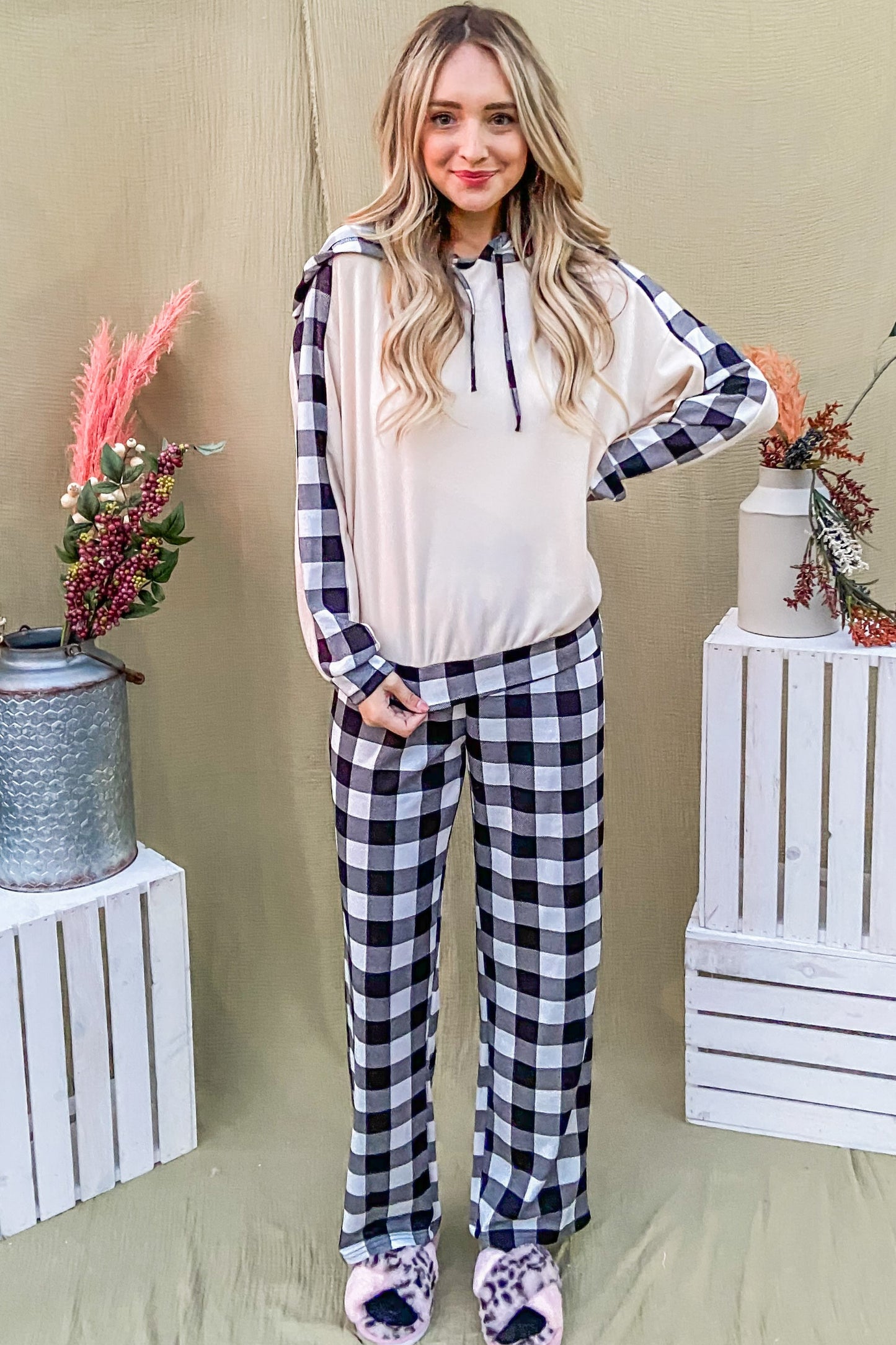 Drawstring Hooded Top and Plaid Pants Lounge Set.