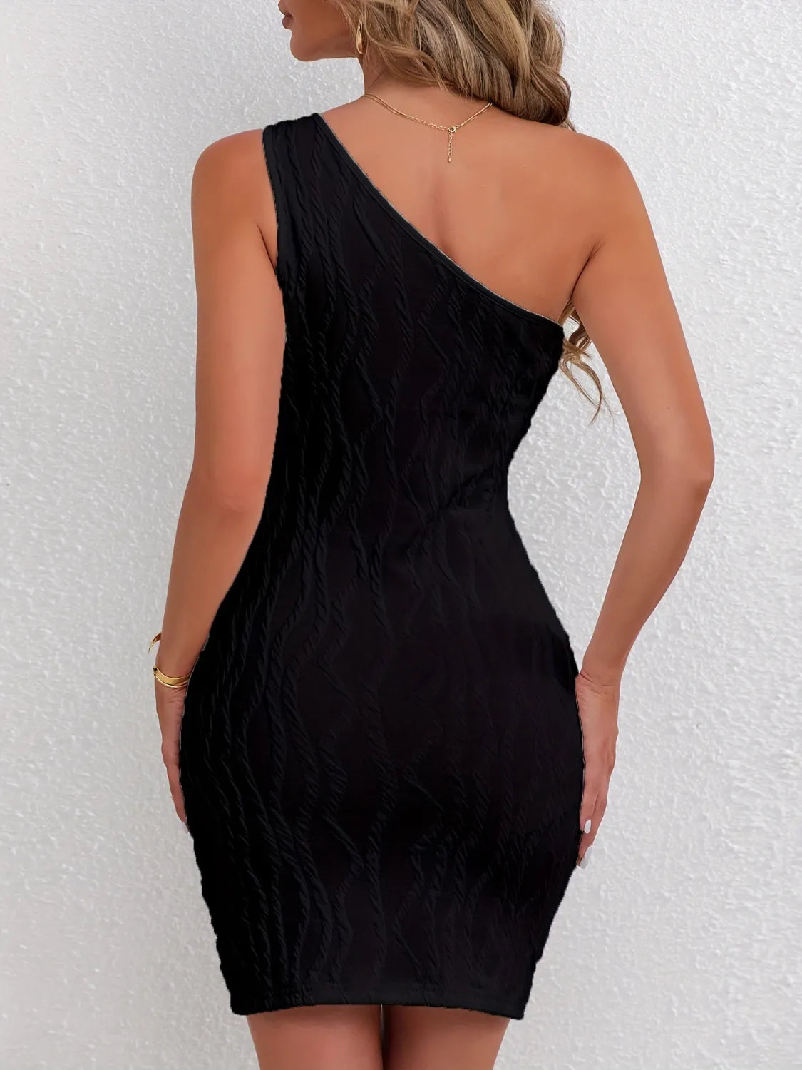 Textured Asymmetric Single Shoulder Mini Dress.