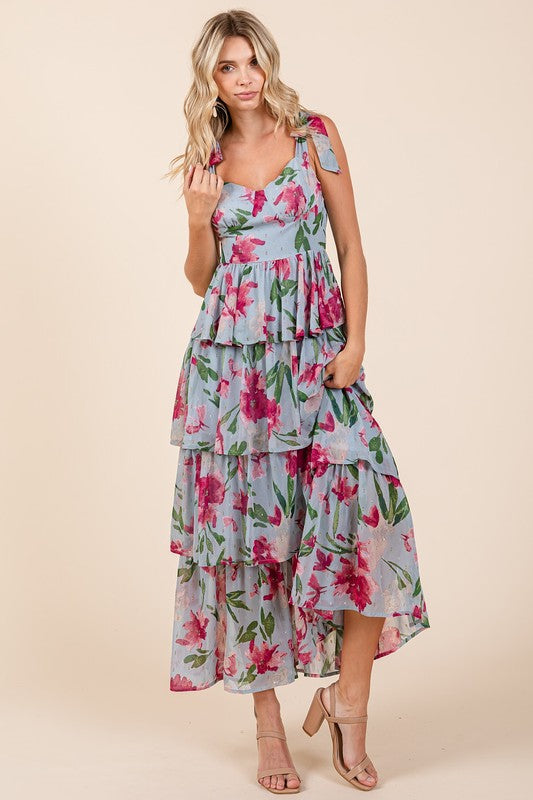 Mittoshop Layered Floral Sweetheart Neck Maxi Dress.