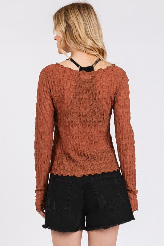 Mittoshop Lettuce Hem Boat Neck Long Sleeve Blouse.