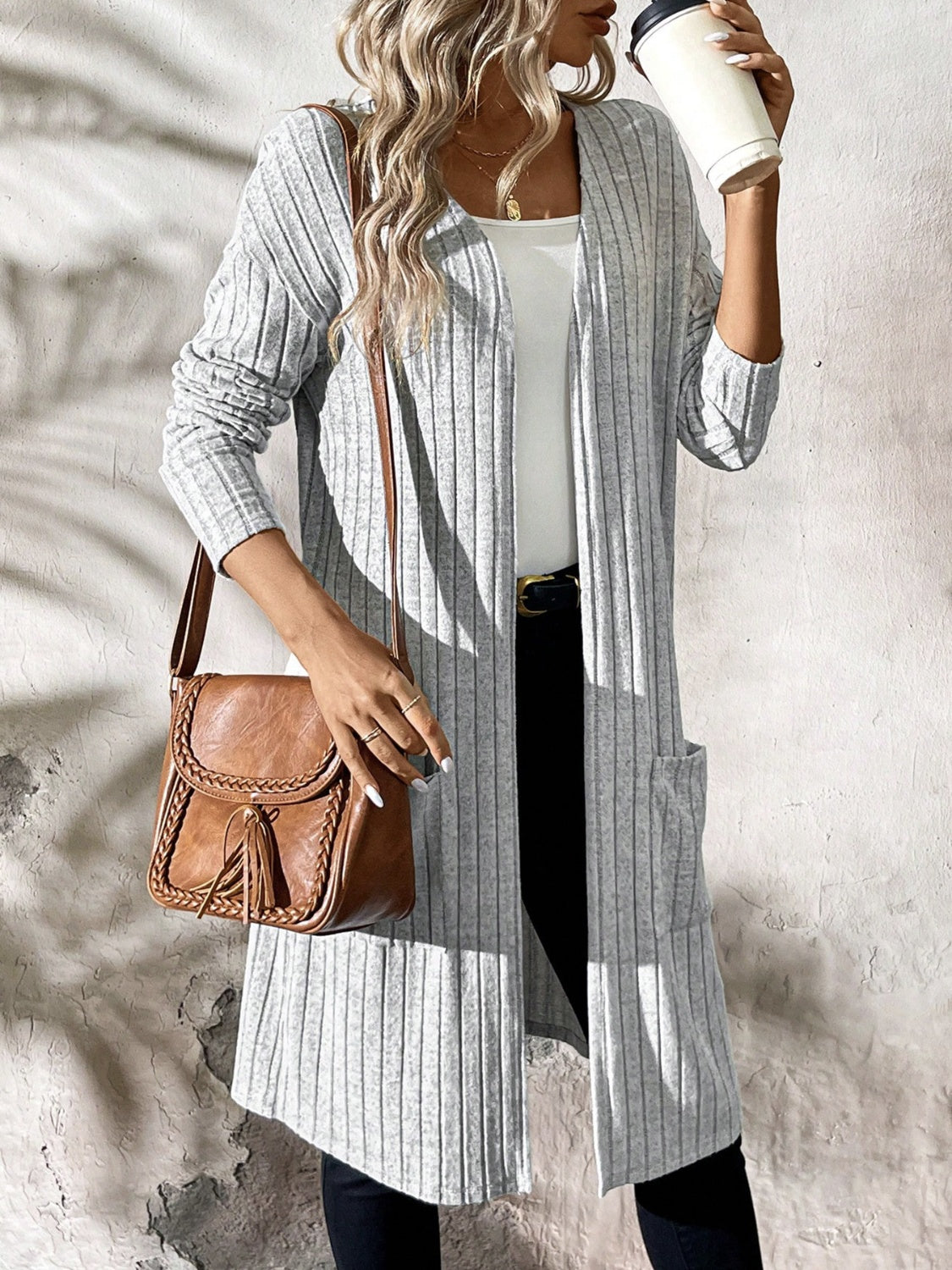 Cozy Ribbed Cardigan with Pockets - Perfect for Relaxation.