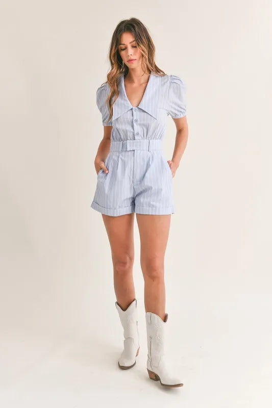 MABLE Striped Puff Sleeve Collared Neck Romper.