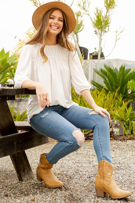 Celeste Full Size Puff Sleeve and Bow Detail Top Plus Size.