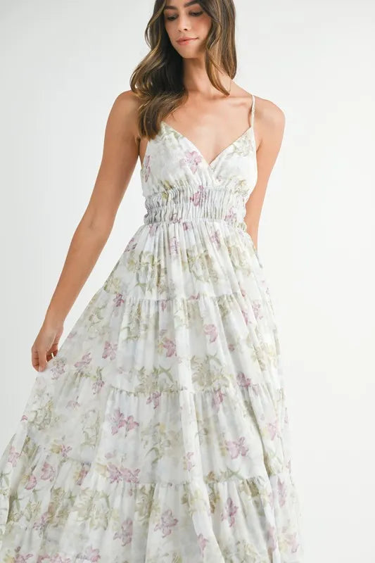 MABLE Floral Print Tiered Cami Maxi Dress.