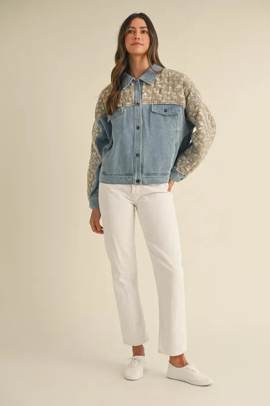 MABLE Quilted Paisley Print Contrast Denim Jacket.