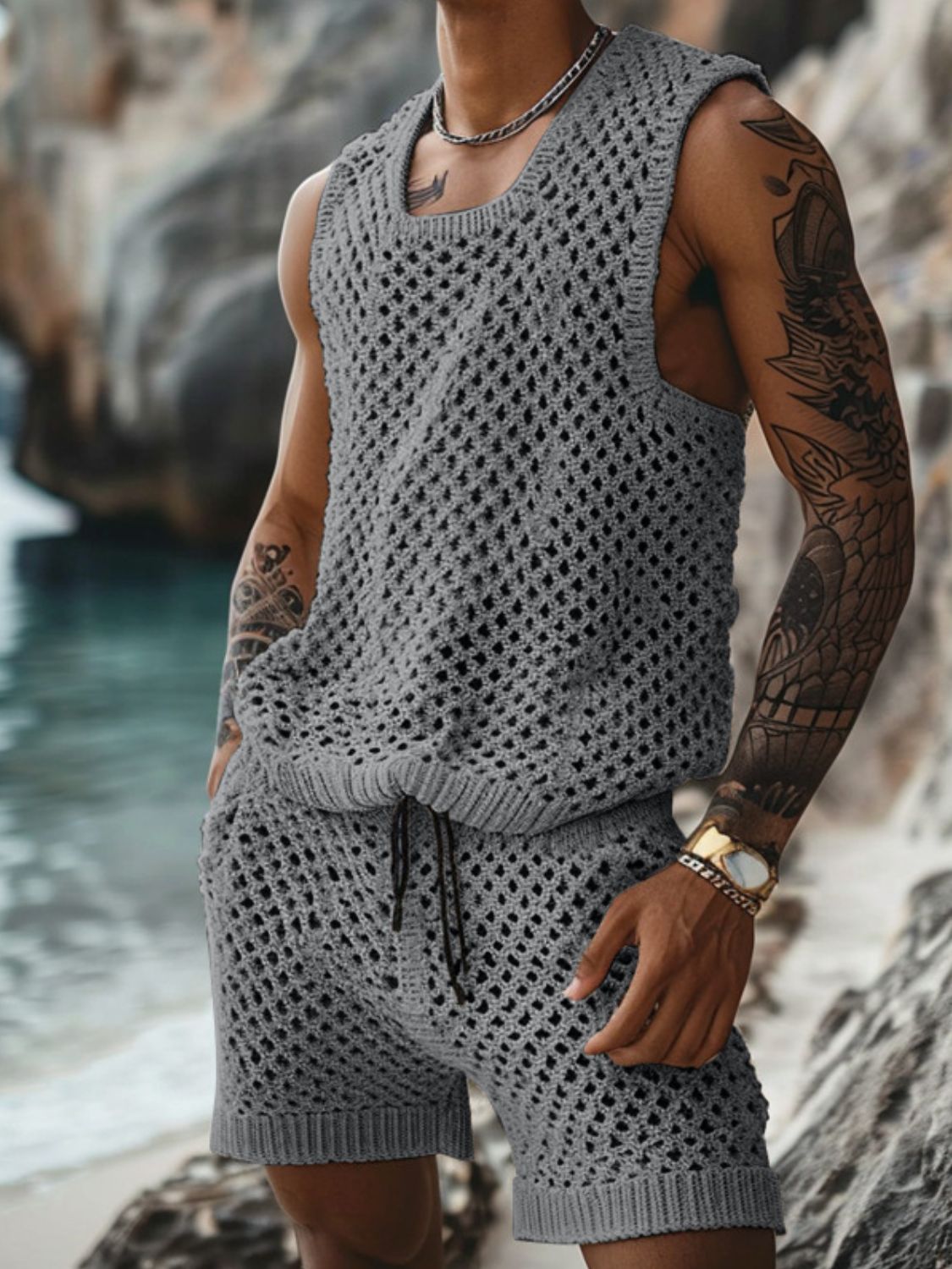 Men's Stylish Hollow Out Tank and Shorts Set - Plus Size Comfort.