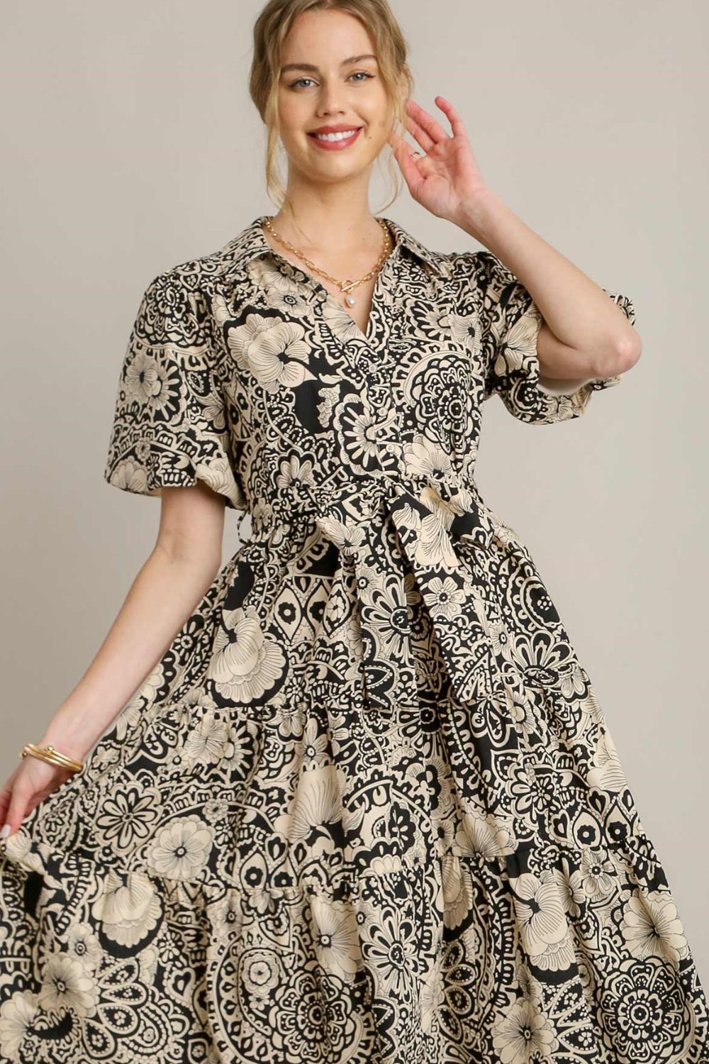 Umgee Full Size Mixed Print A-Line Tiered Midi Dress Plus Size.