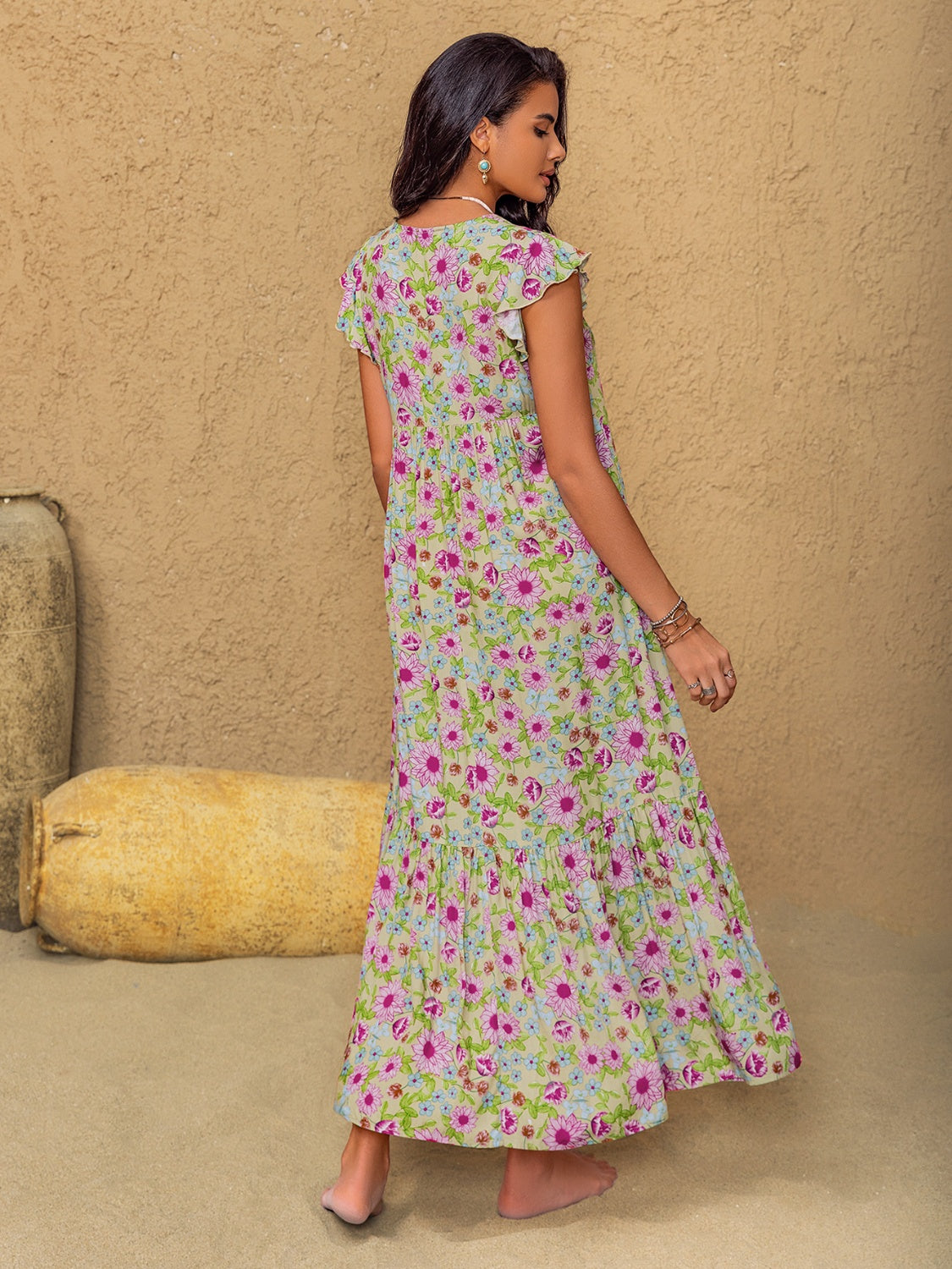 Floral Ruffled Cap Sleeve Tiered Dress.