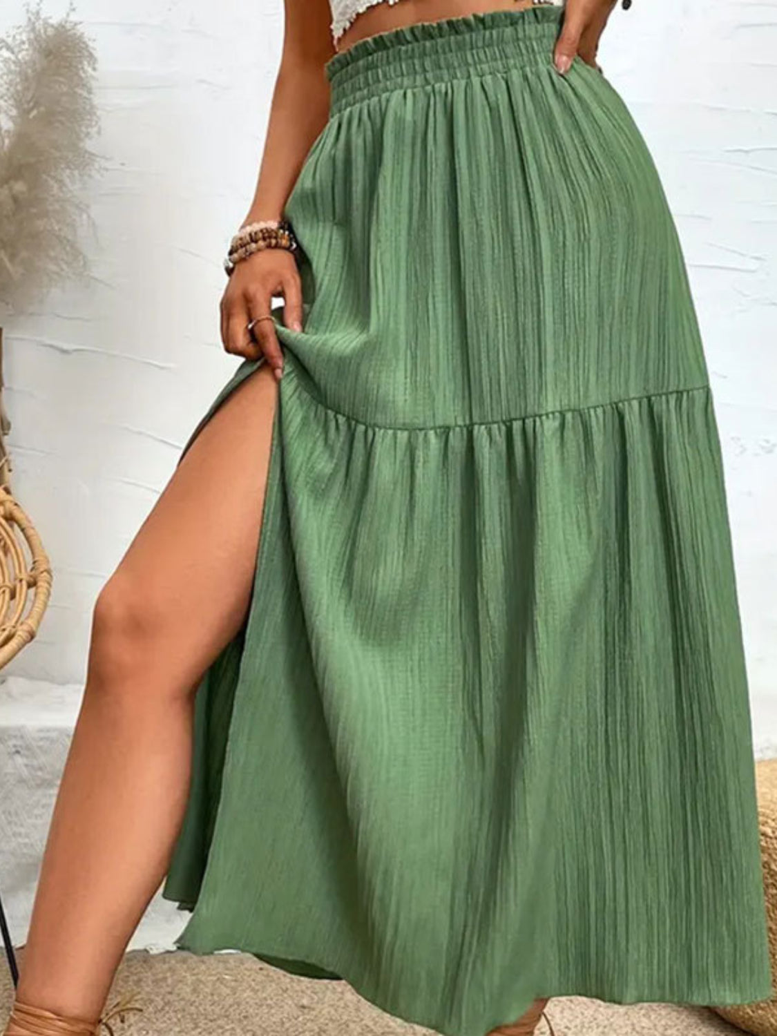 Elegant Frill Detail Midi Skirt with Side Slit.