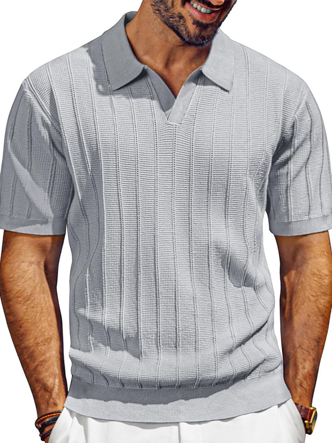 Men's Textured Collared Neck Short Sleeve Polo - Plus Size.