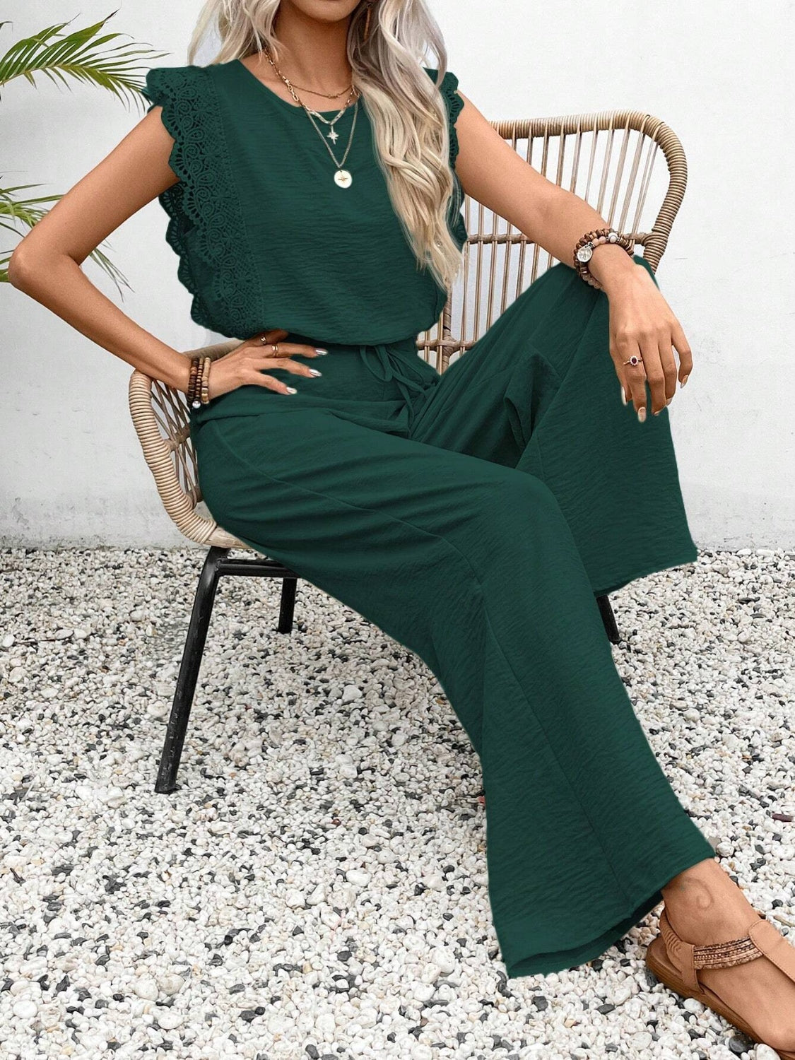 Elegant Lace Trim Round Neck Top and Pants Set - Refined Comfort.