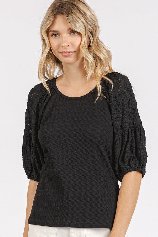 Mittoshop Mixed Media Textured Knit Popcorn Puff Sleeve Blouse.