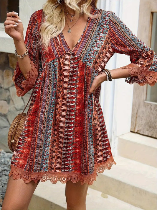 Lace Trim Printed V-Neck 3/4 Sleeve Dress.
