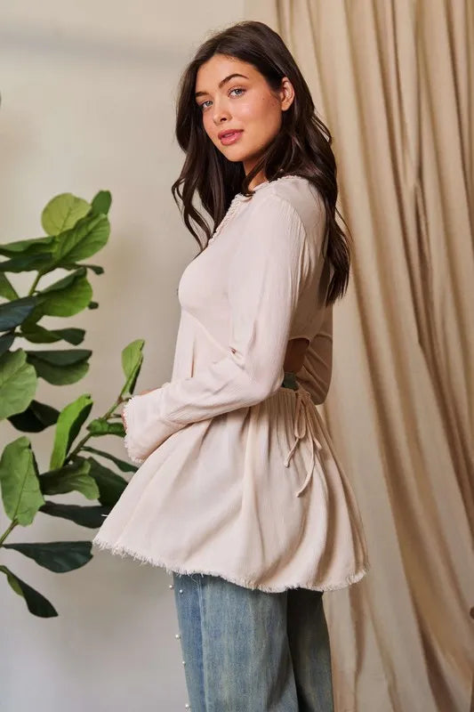 Davi & Dani V-Neck Open Back Adjustable Babydoll Shirt.