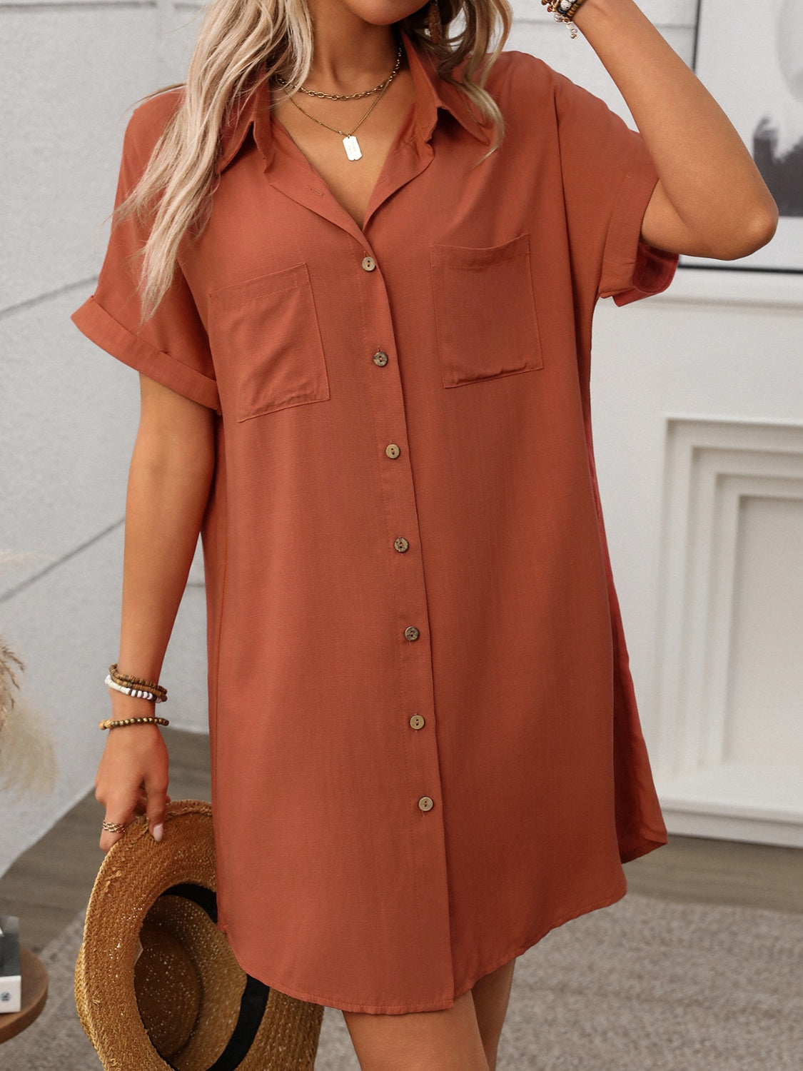 Button Down Short Sleeve Mini Dress.