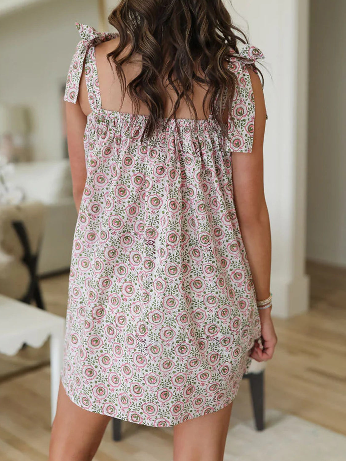 Printed Tie Shoulder Mini Cami Dress.