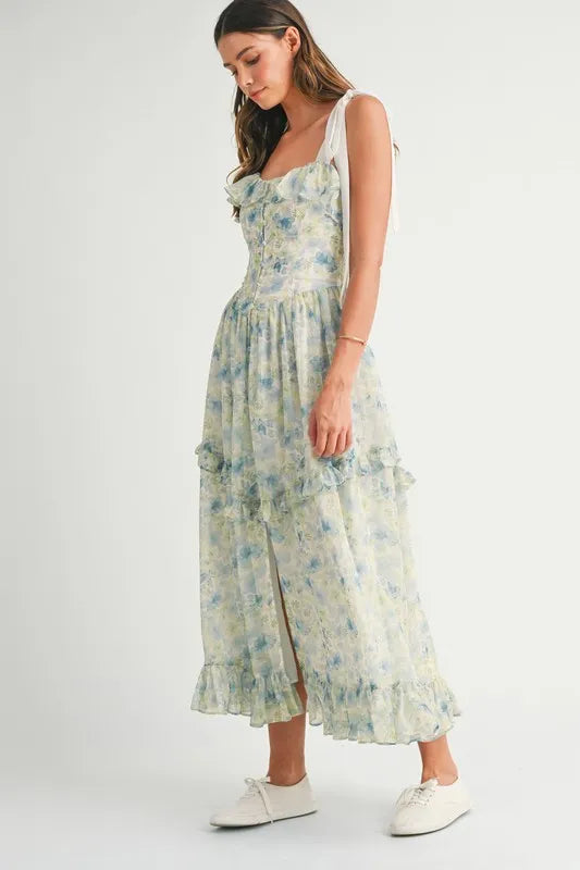 MABLE Floral Printed Shoulder Strap Midi Dress.
