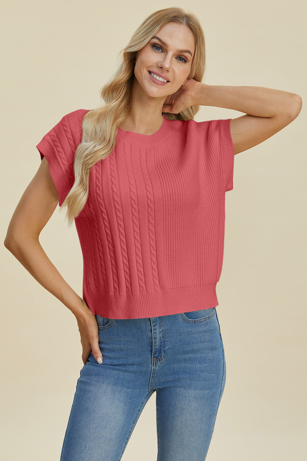 Double Take Full Size Cable-Knit Round Neck Short Sleeve Sweater.