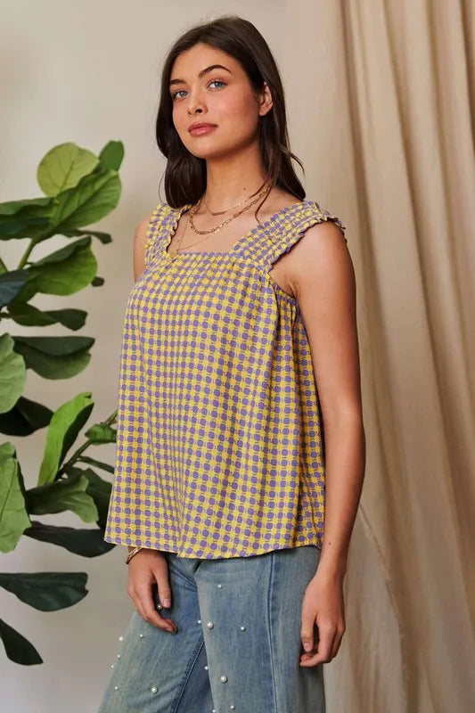 Davi & Dani Printed Square Neck Shirred Straps Top.