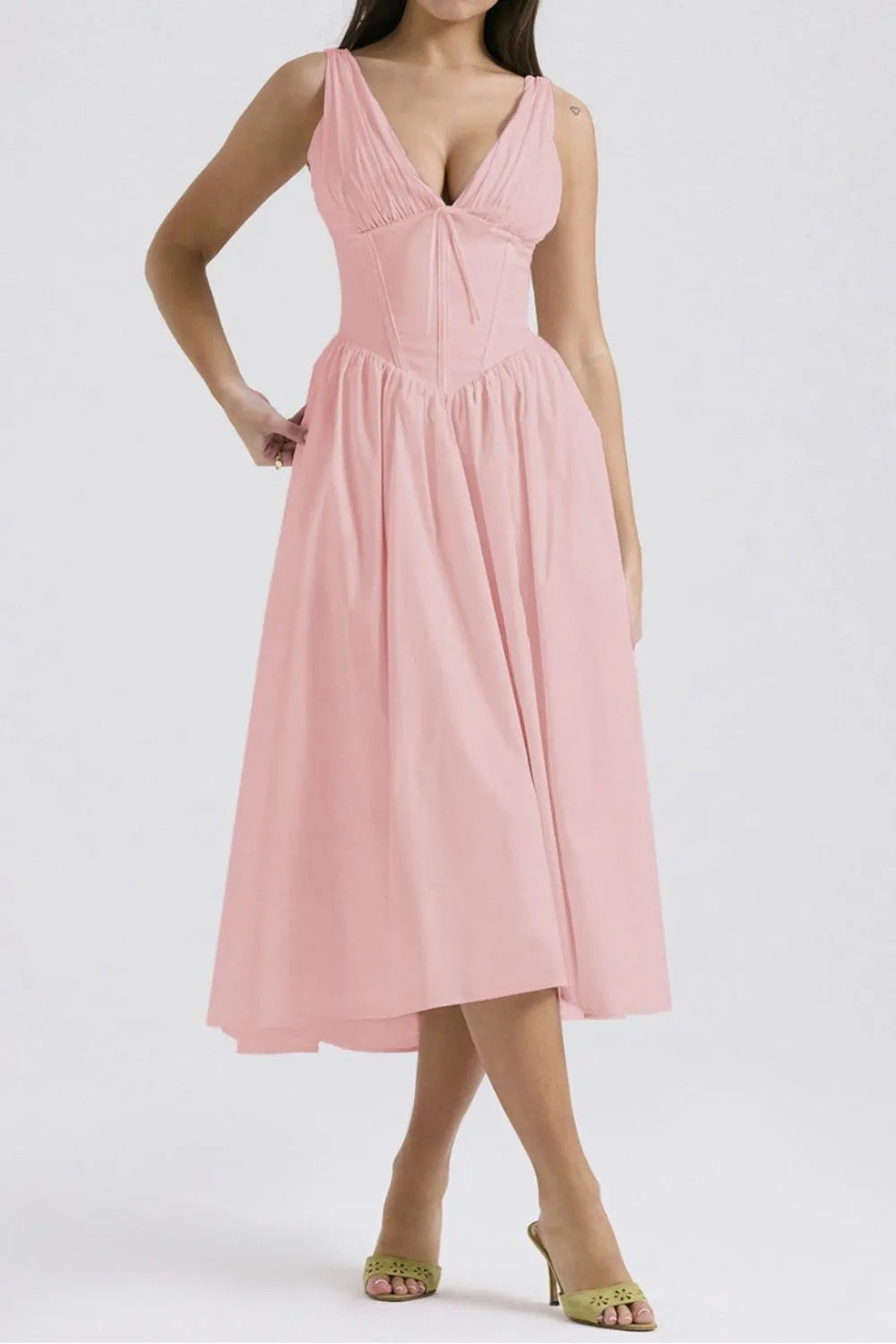 Ruched V-Neck Dress with Pockets.