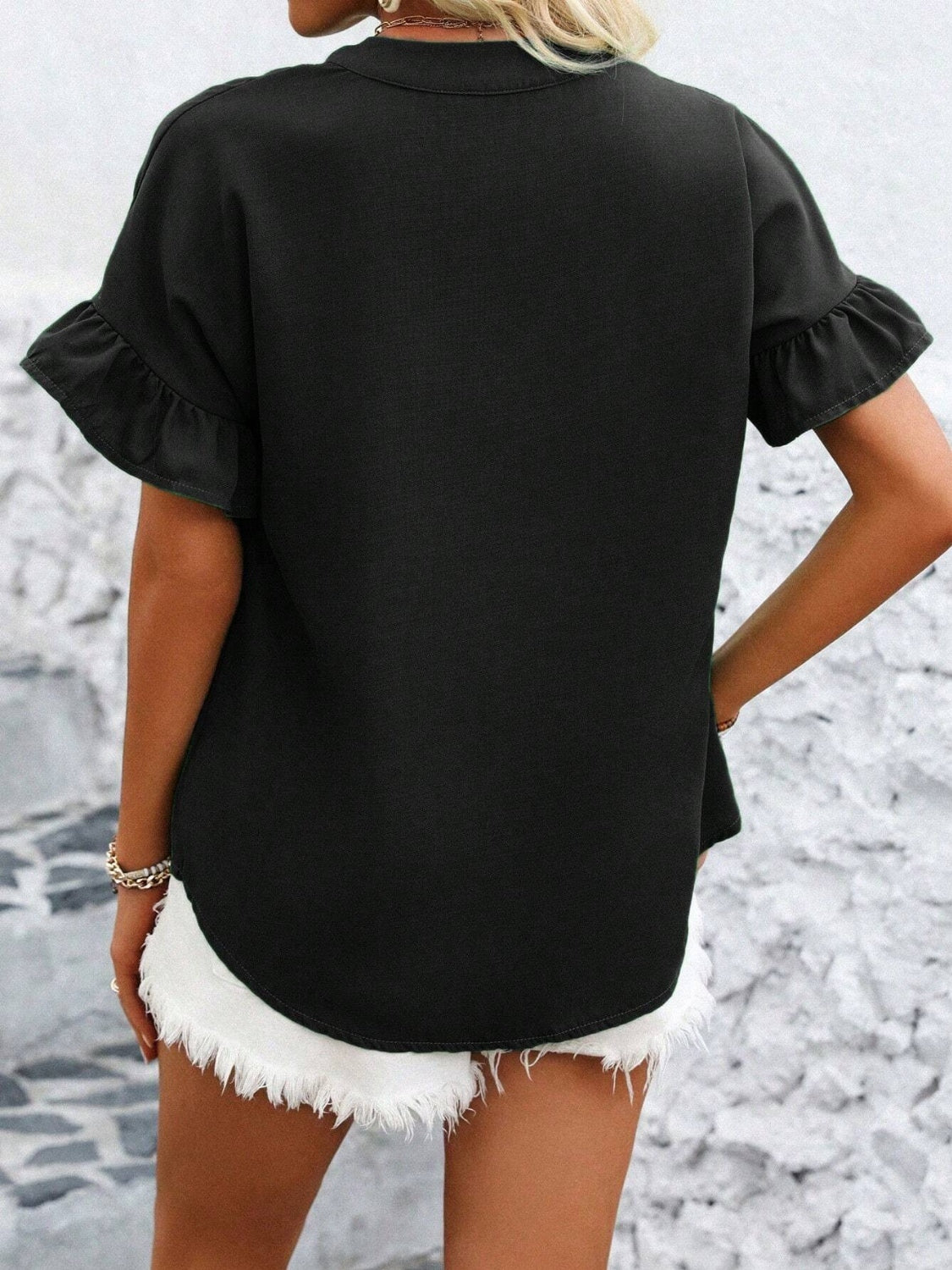 Elegant Button Down Ruffled Short Sleeve Shirt - Versatile Fashion Essential.