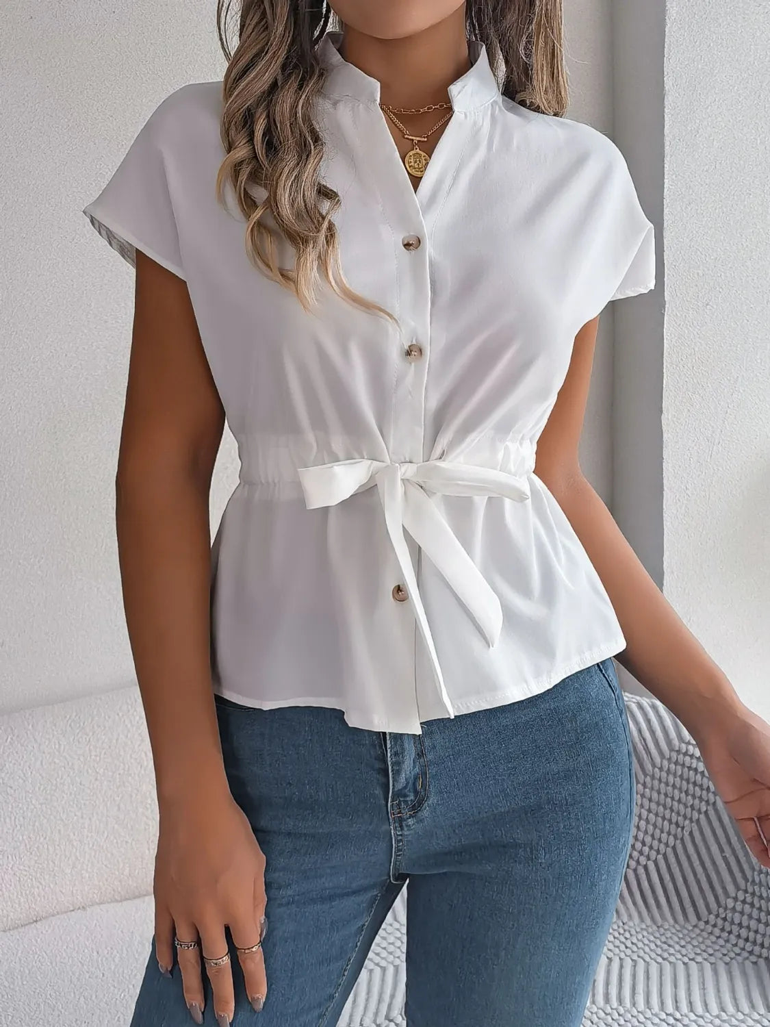 Savvy Notched Short Sleeve Blouse.