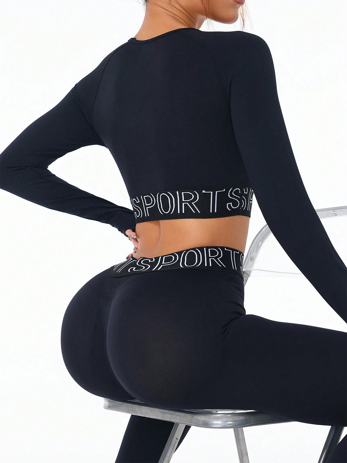 Letter Print Round Neck Long Sleeve Top and Leggings Active Set.