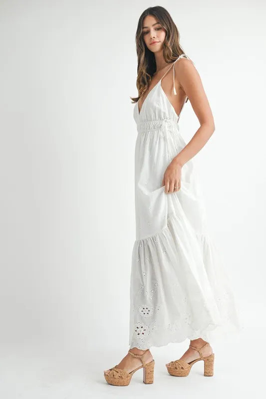 MABLE Eyelet Lace Maxi Dress with Side Strap Details.