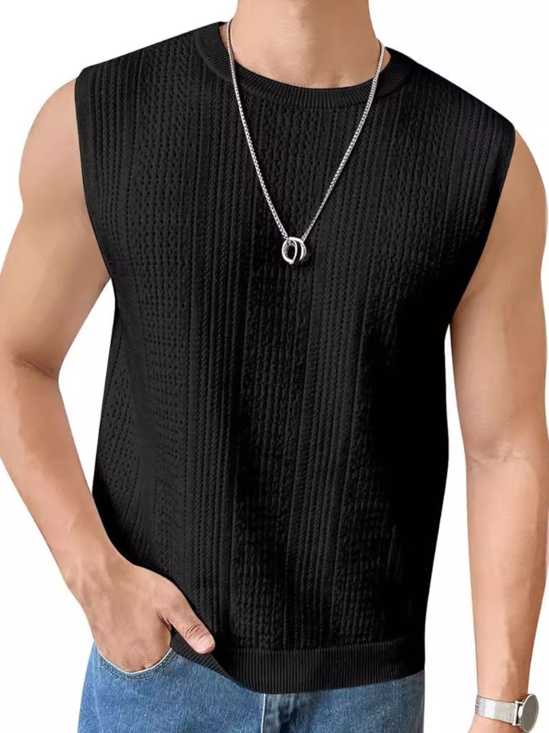 Men's Full Size Eyelet Round Neck Tank Top - Plus Size.