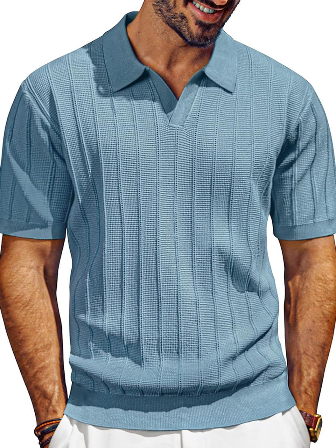 Men's Textured Collared Neck Short Sleeve Polo - Plus Size.
