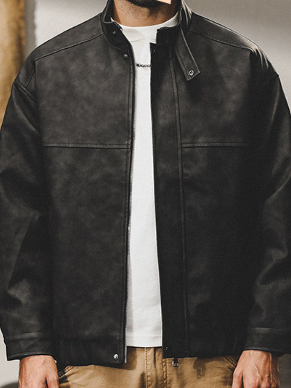 Plus Size Zip Up Stand Collar Biker Jacket.