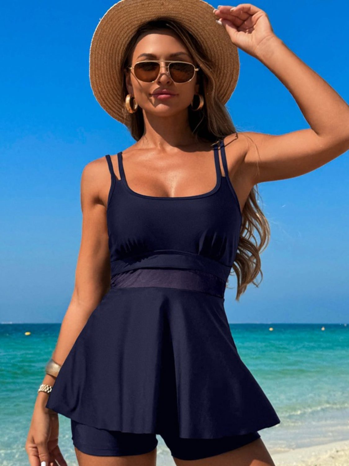 Sizzling Summer Swimwear: Scoop Neck Spaghetti Strap Top and Shorts.