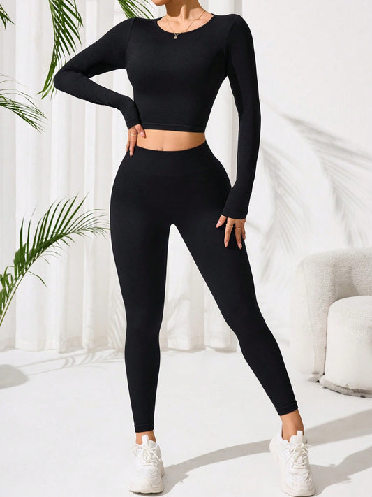 Lace-Up Back Round Neck Top and Leggings Active Set.
