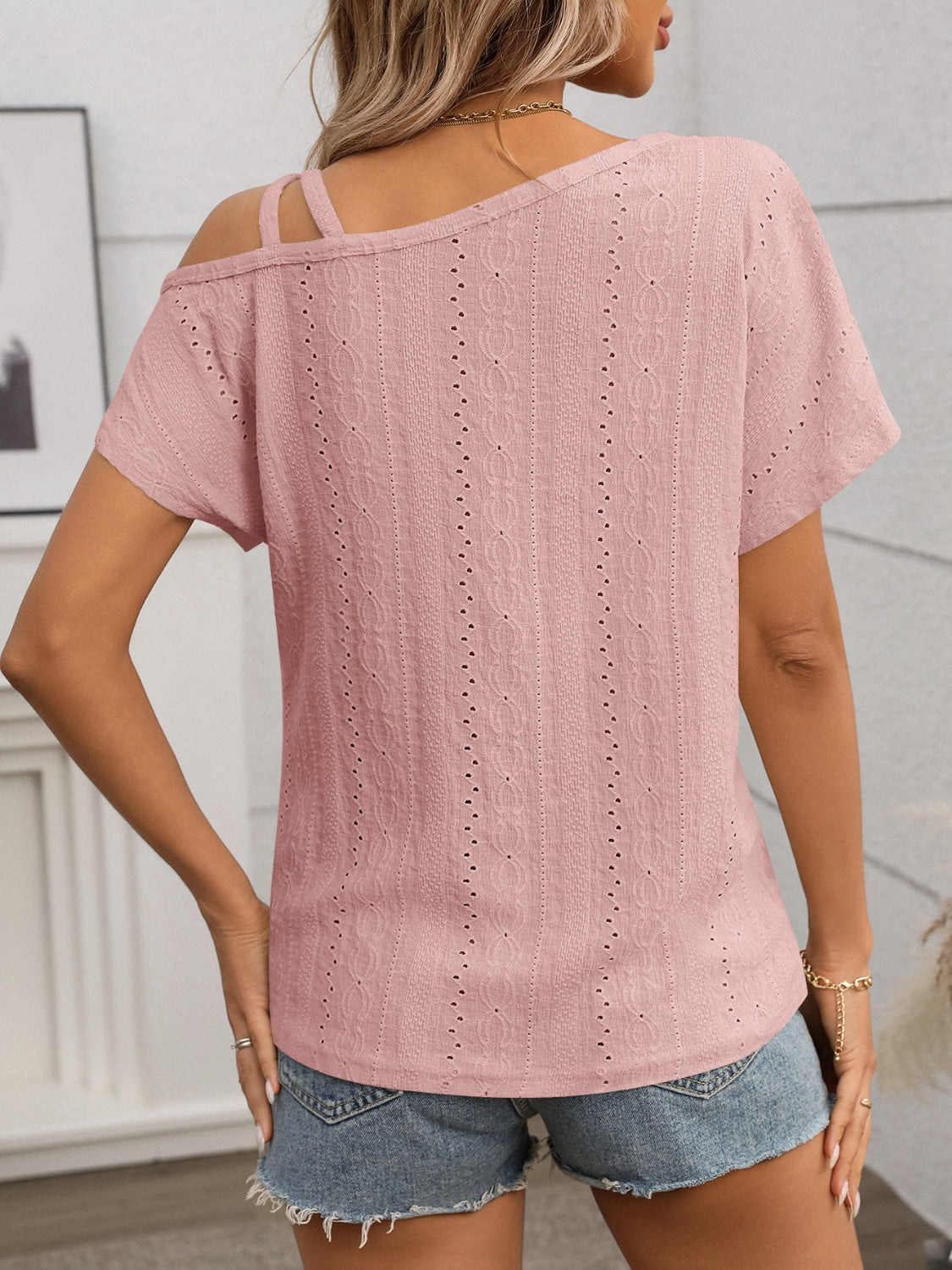 Chic Eyelet Asymmetrical Shoulder Short Sleeve T-Shirt - Unique Fashion Statement.
