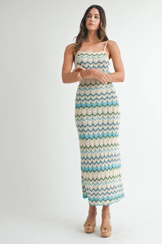 MABLE Lightweight Pointelle Chevron Knit Maxi Dress.