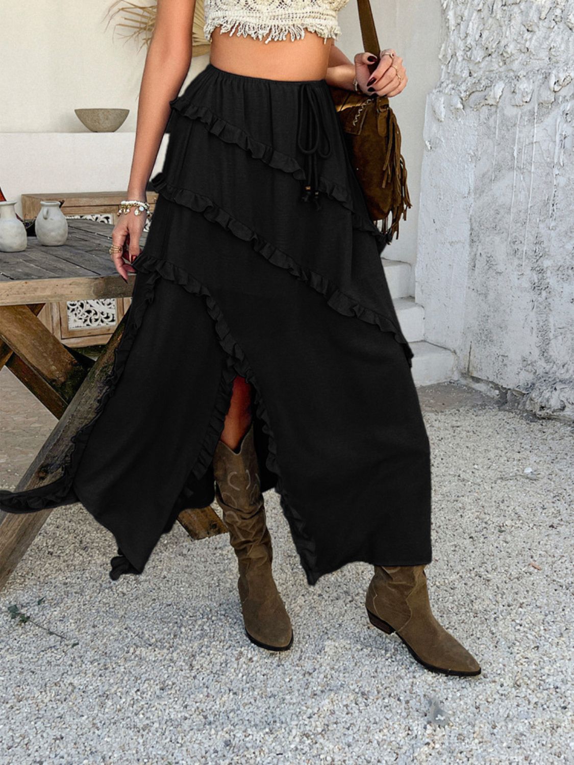 Elegant Drawstring Midi Skirt with Ruffle Detail & Side Slit.