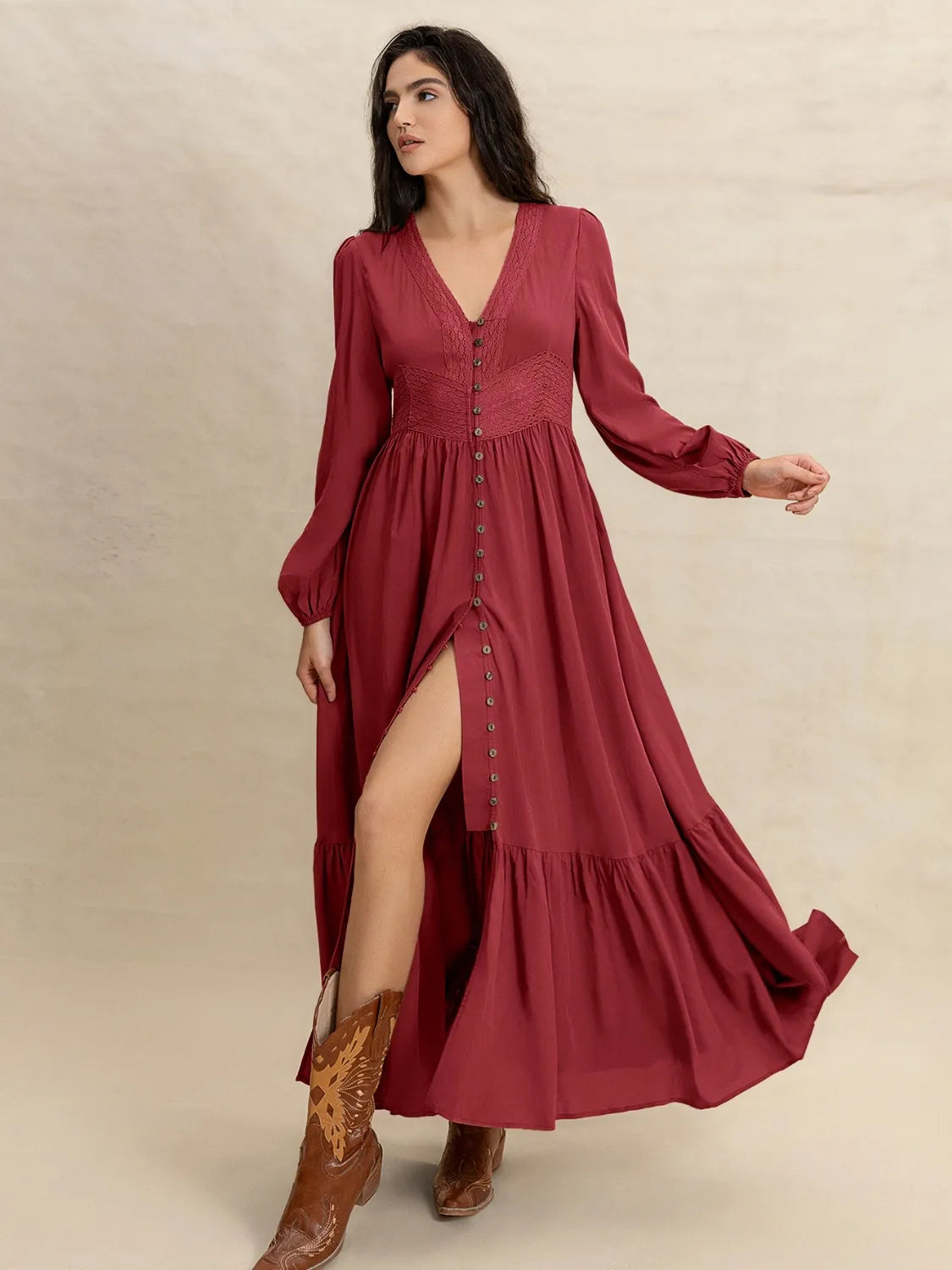 V-Neck Balloon Sleeve Ruffled Hem Maxi Dress.