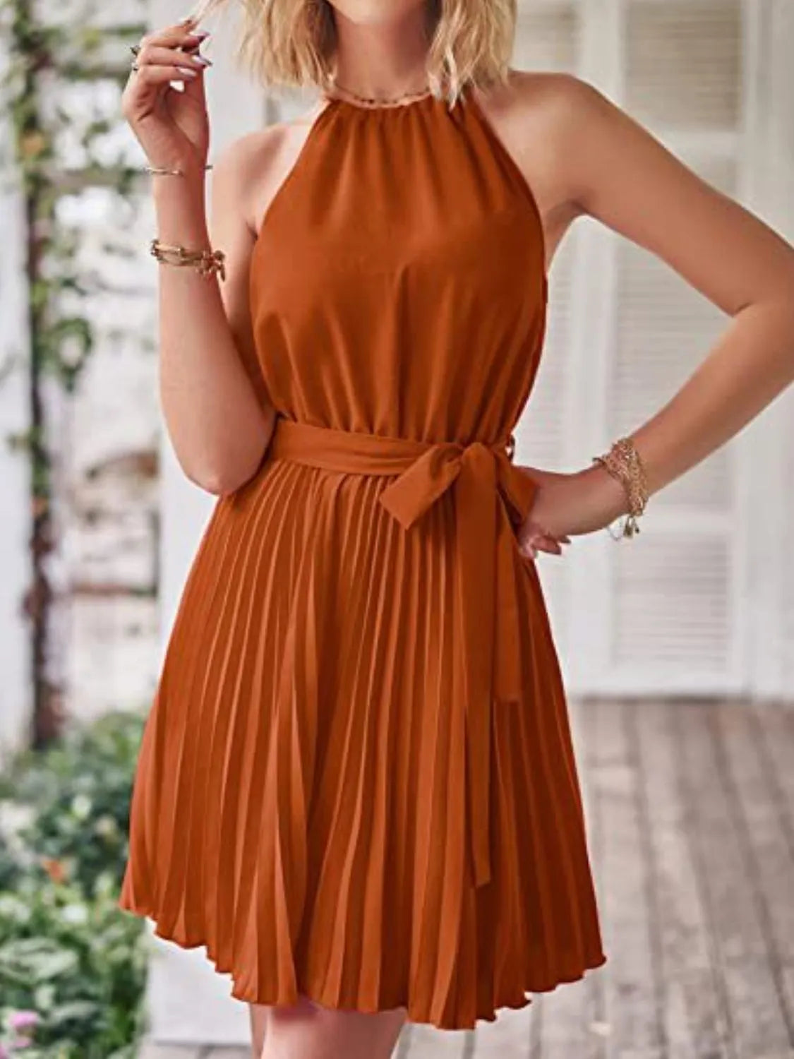 Pleated Tie Waist Sleeveless Mini Dress.