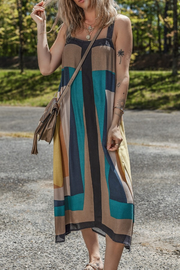 Vibrant Color Block Dress - Square Neck, Wide Strap.